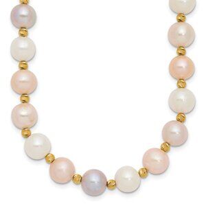 14K Yellow Gold D/C Beaded 8-9mm Semi-round Pink Purple White FWC Pearl Necklace